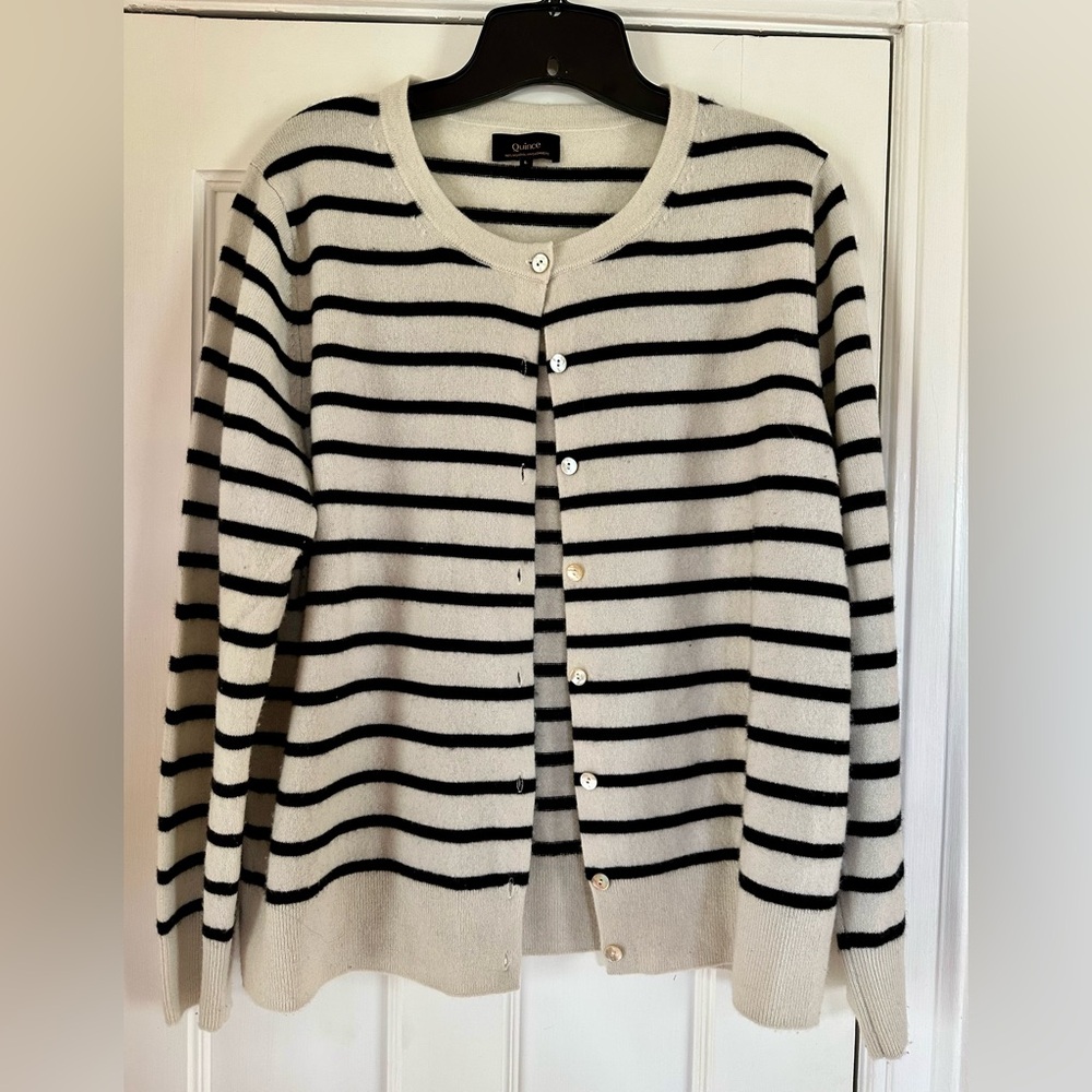 Quince Mongolian Cardigan Large Classic Black and White Striped Sweater